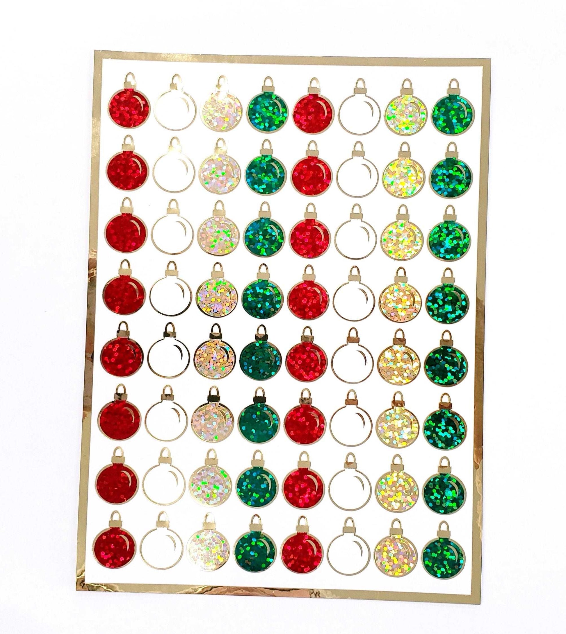 Christmas Ball Ornaments Sticker Sheet. Set of 64 small red green and gold vinyl decals for holiday cards, gift tags and advent calendars