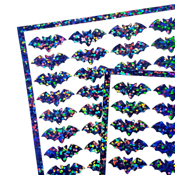 Halloween Black Bats Sticker Sheet. Set of 96 tiny black bat stickers for tumblers, calendars, journals, notebooks, teachers and crafts.