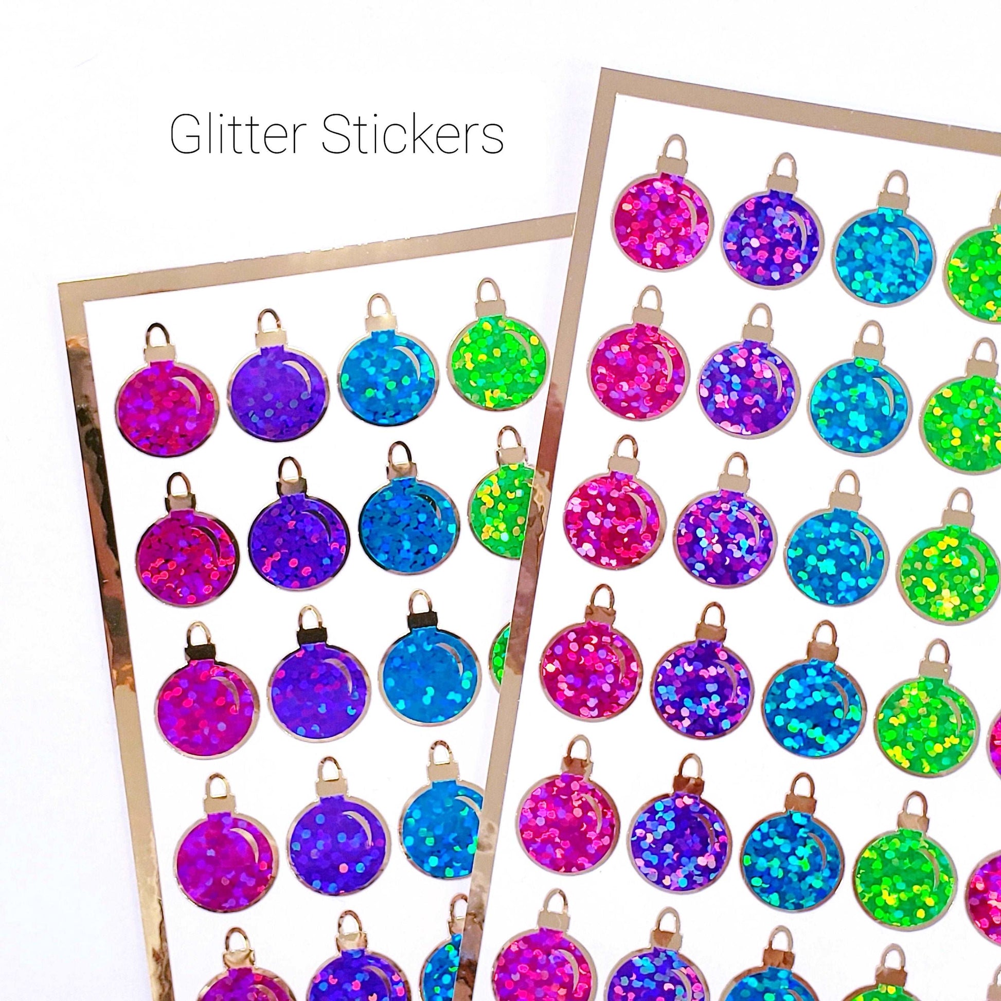 Christmas Ball Ornaments Sticker Sheet. Set of 64 small bright color balls with gold, vinyl decals for cards, gift tags and advent calendars