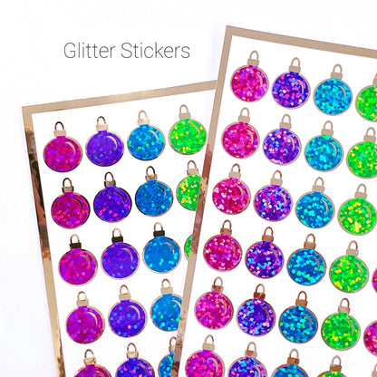 Christmas Ball Ornaments Sticker Sheet. Set of 64 small bright color balls with gold, vinyl decals for cards, gift tags and advent calendars