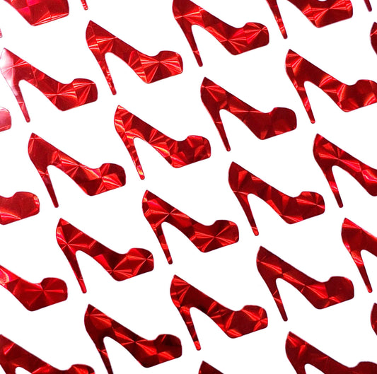 Red High Heels Shoes Sticker Sheet. Set of 54 red sparkly high heeled shoes vinyl decals for envelopes, planners, notecards and journals.