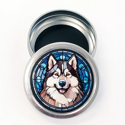 Alaskan Malamute Gift Tin. Small round metal trinket container with husky dog graphics. Stocking Stuffer. Guitar Pick holder. Mints tin.