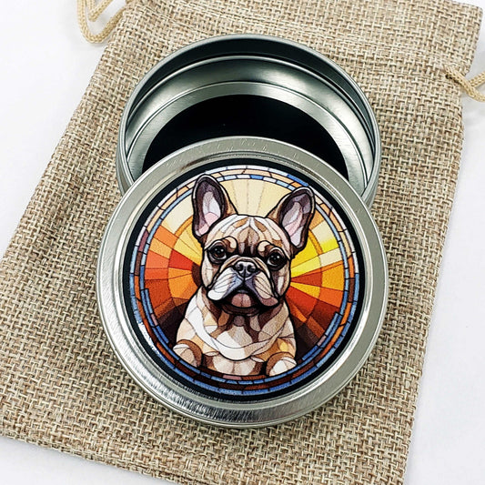 French Bulldog Gift Tin. Small round metal trinket container with Frenchie dog graphics. Stocking Stuffer. Guitar Pick holder. Mints tin.
