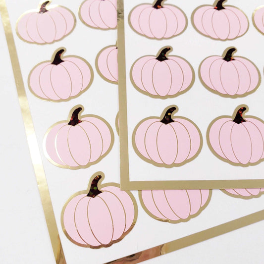 Pink Pumpkins Sticker Sheet, set of 24 pink and gold pumpkin stickers for October, Halloween, scrapbooks, journals, envelopes and cards.