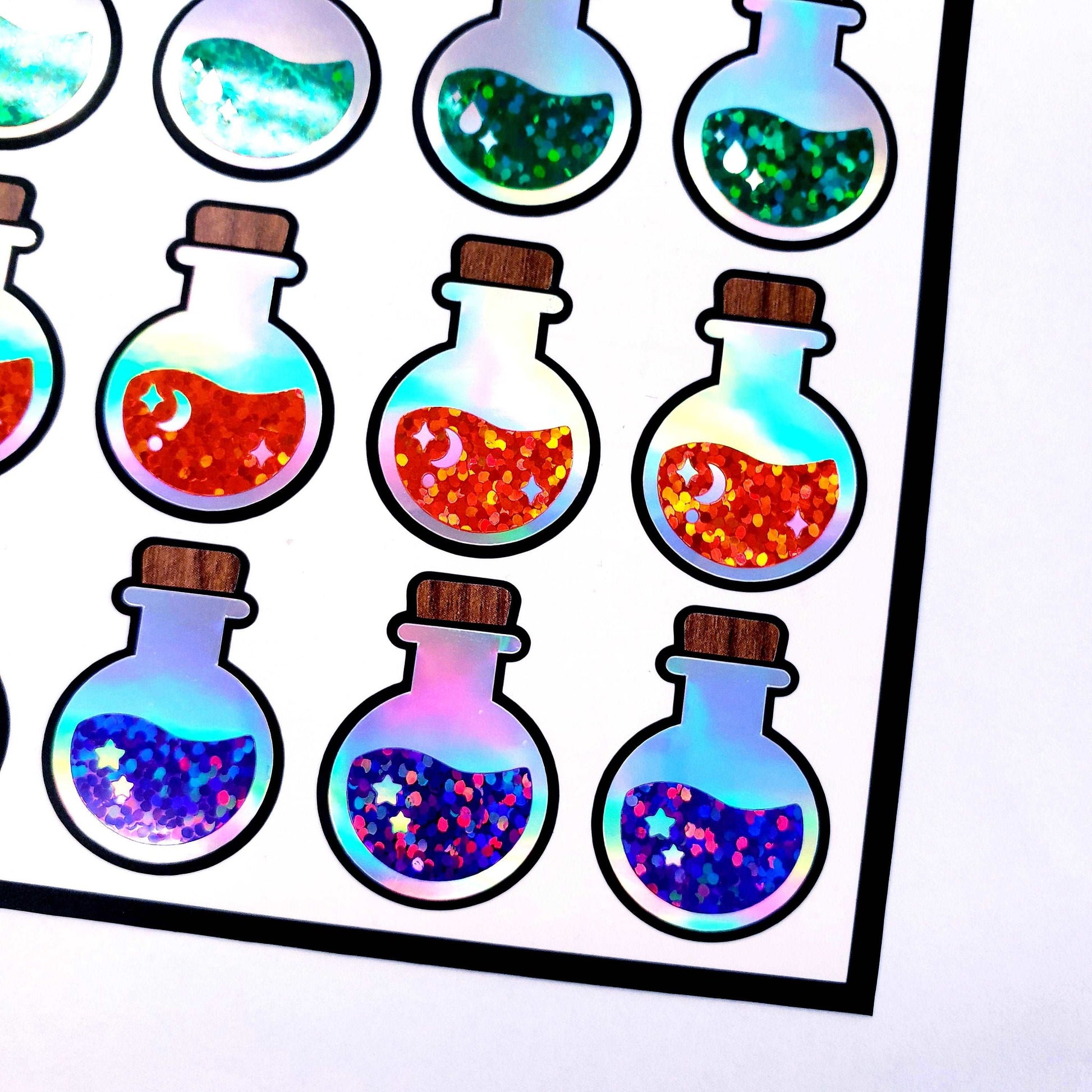 Halloween Potion Bottles Sticker Sheet. Set of 20 magic spell jar stickers for cards, journals, calendars and party drink cups. Witchy vibe.