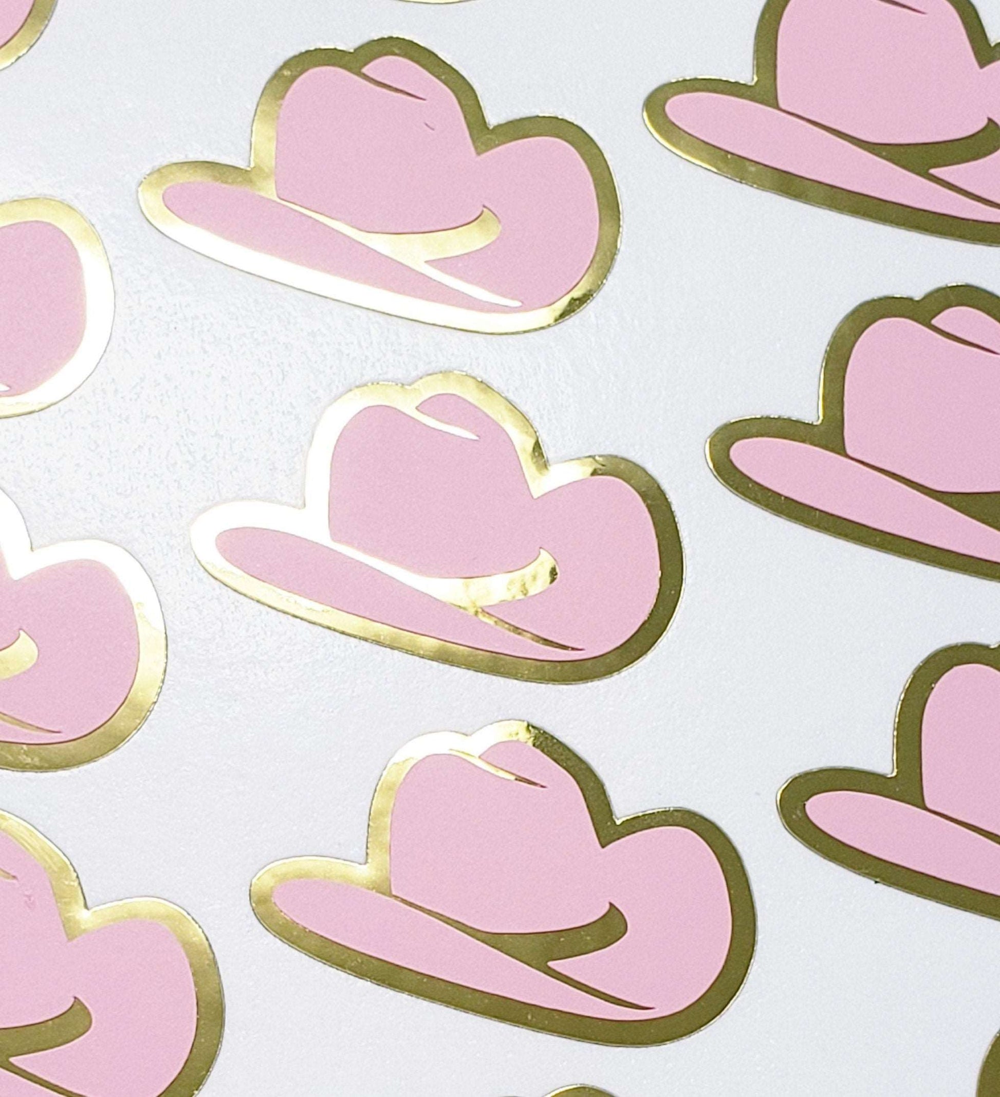 Pink Cowboy Hats Sticker Sheet, set of 32 pink and gold hat stickers for bachelorette parties, journals, country music concerts and shows.