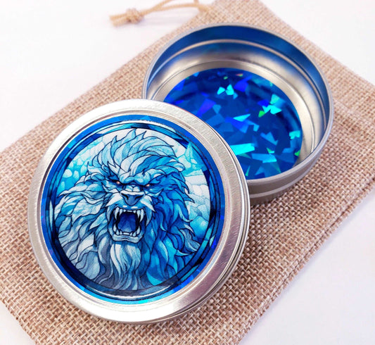 Abominable Snowman Gift. Small round metal container with blue yeti snow monster graphics. Mystical Creature gift for him. Stocking Stuffer.