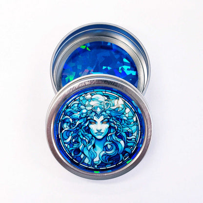 Medusa Gift Container. Small round metal tin with Medusa the mythological Greek goddess in blue graphics. Stocking Stuffer gift for her.