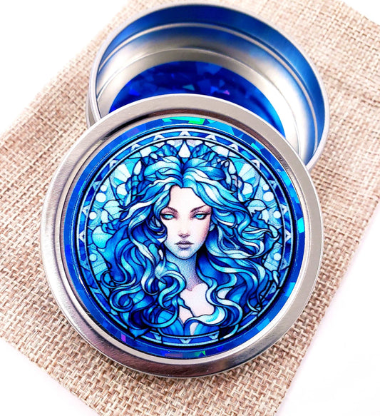 Goddess Gift Container. Small round metal tin with beautiful siren in blue graphics. Stocking Stuffer gift for her.
