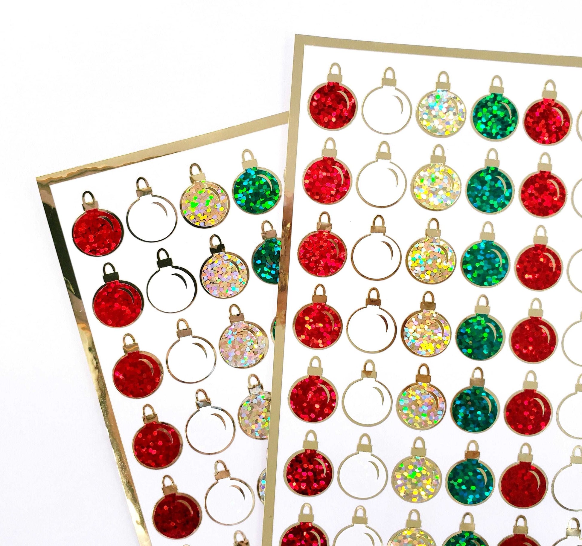 Christmas Ball Ornaments Sticker Sheet. Set of 64 small red green and gold vinyl decals for holiday cards, gift tags and advent calendars