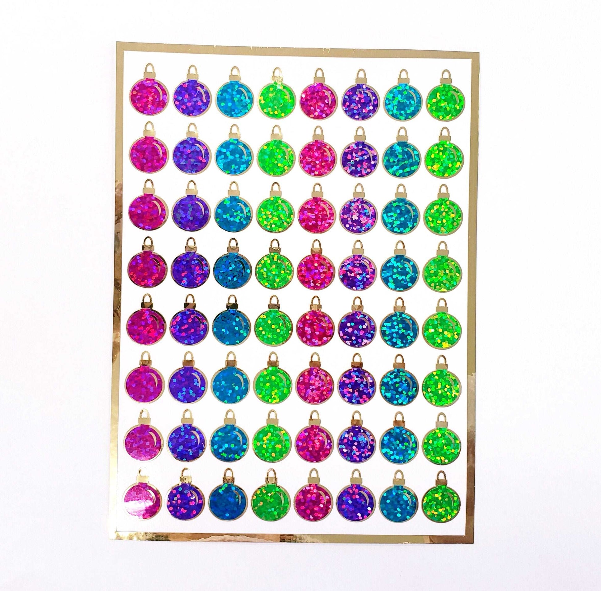 Christmas Ball Ornaments Sticker Sheet. Set of 64 small bright color balls with gold, vinyl decals for cards, gift tags and advent calendars