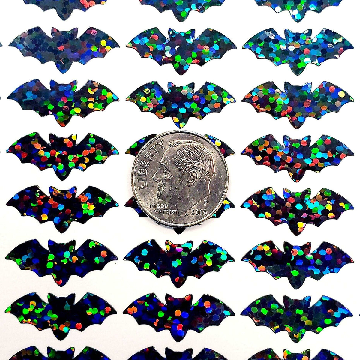 Halloween Black Bats Sticker Sheet. Set of 96 tiny black bat stickers for tumblers, calendars, journals, notebooks, teachers and crafts.