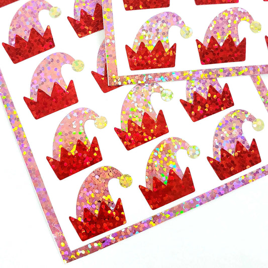 Elf Hats Sticker Sheet, set of 21 pink and red glitter Christmas stickers for holiday cards, envelopes, gift tags, ornaments and journals