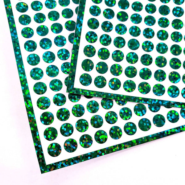 Small Green Dot Sticker Sheet, set of 368 sparkly dots, vinyl stickers for journals, ornaments and crafts. One quarter inch dark green dots.