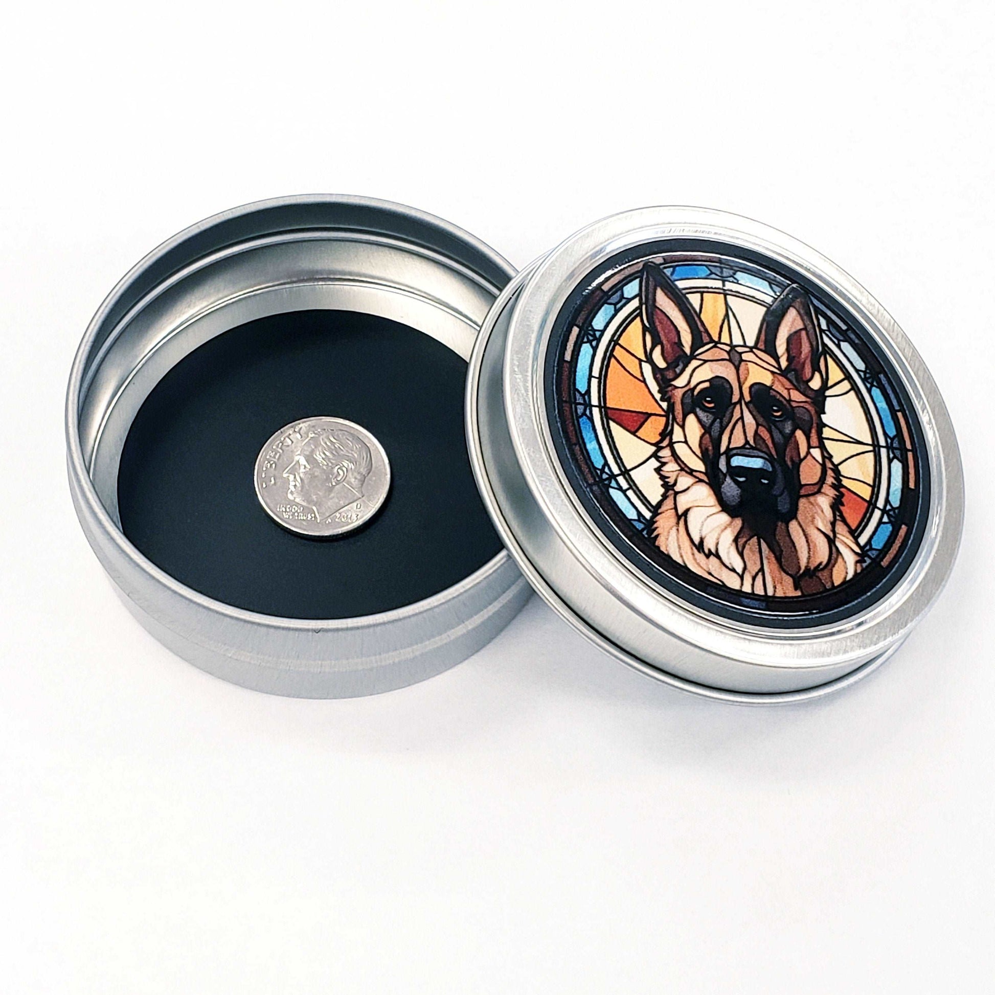 German Sheperd Gift Tin. Small round metal trinket container with sheperd dog graphics. Stocking Stuffer. Guitar Pick holder. Mints tin.