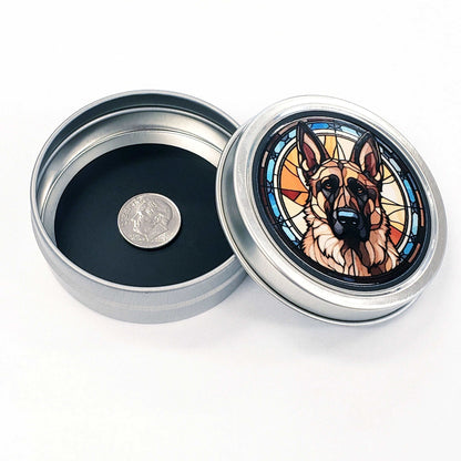 German Sheperd Gift Tin. Small round metal trinket container with sheperd dog graphics. Stocking Stuffer. Guitar Pick holder. Mints tin.