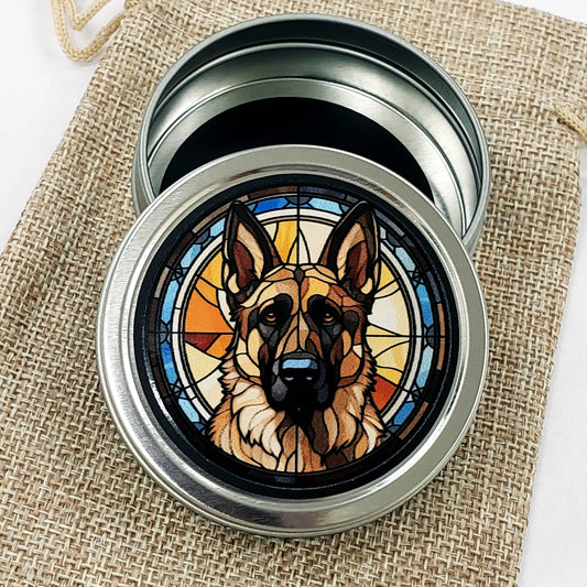 German Sheperd Gift Tin. Small round metal trinket container with sheperd dog graphics. Stocking Stuffer. Guitar Pick holder. Mints tin.