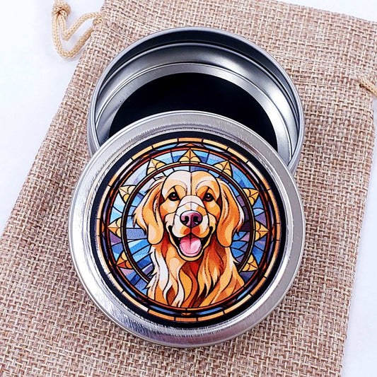Golden Retriever Gift Tin. Small round metal trinket container with golden dog graphics. Stocking Stuffer. Guitar Pick holder. Mints tin.