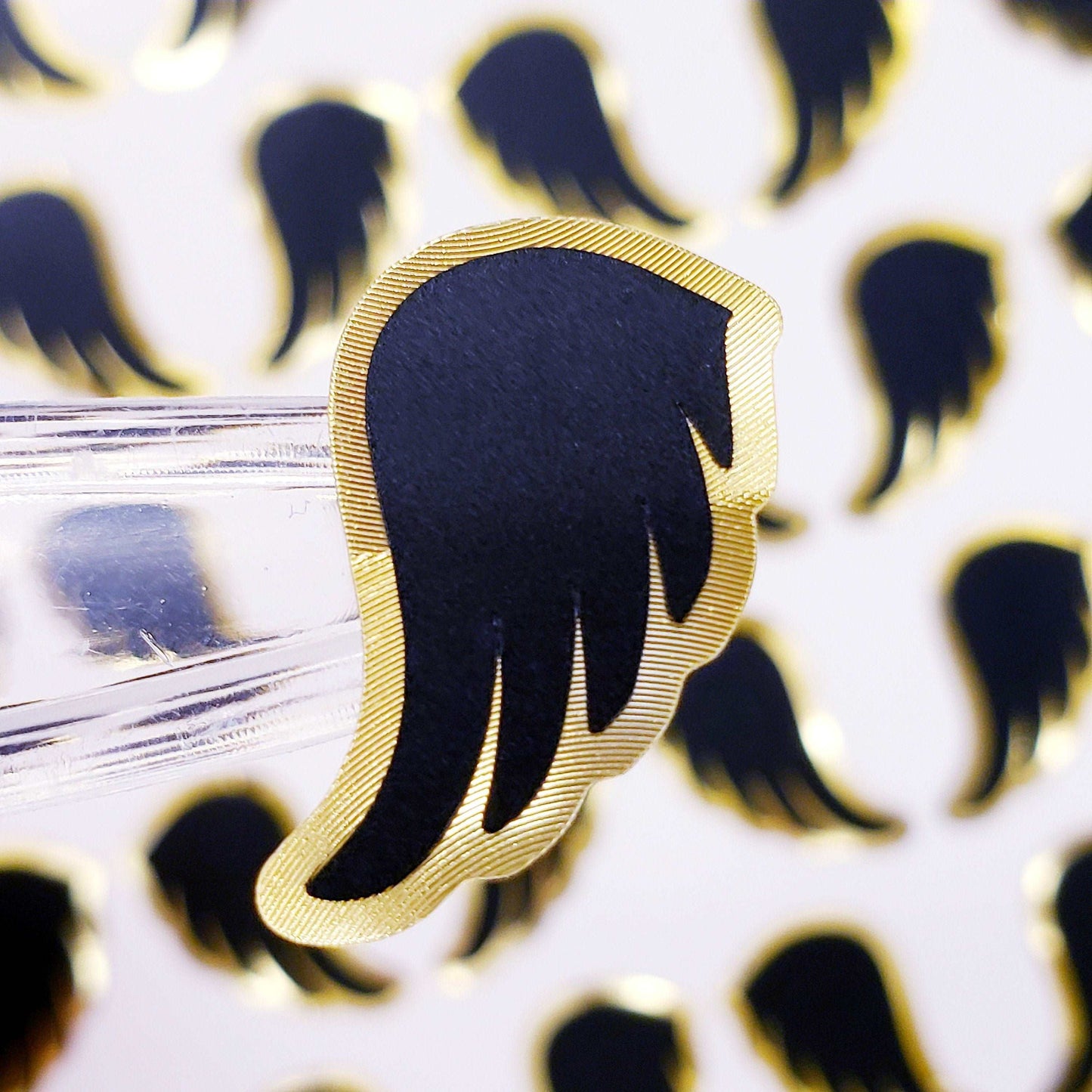 Black Angel Wing Stickers, set of 42 black and gold wing stickers for invitations, envelopes, memorial cards, planners, journals and crafts.