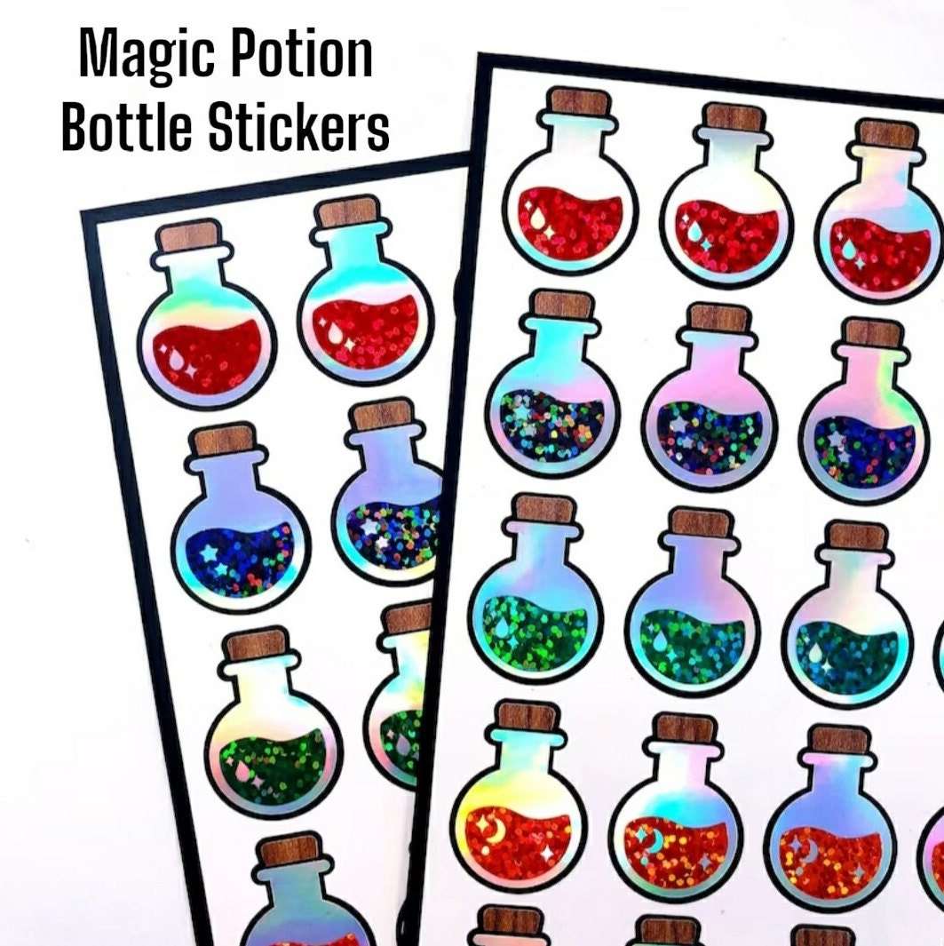 Halloween Potion Bottles Sticker Sheet. Set of 20 magic spell jar stickers for cards, journals, calendars and party drink cups. Witchy vibe.