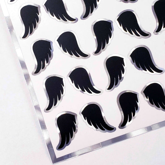 Black Angel Wing Stickers, set of 42 black and silver wing stickers for invitations, envelopes, notecards, planners, journals and crafts.