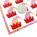 Elf Hats Sticker Sheet, set of 21 pink and red glitter Christmas stickers for holiday cards, envelopes, gift tags, ornaments and journals