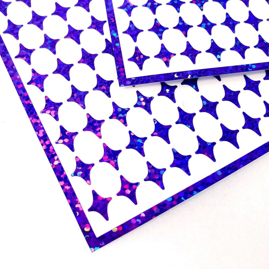 Purple Four-Pointed Stars Sticker Sheet.