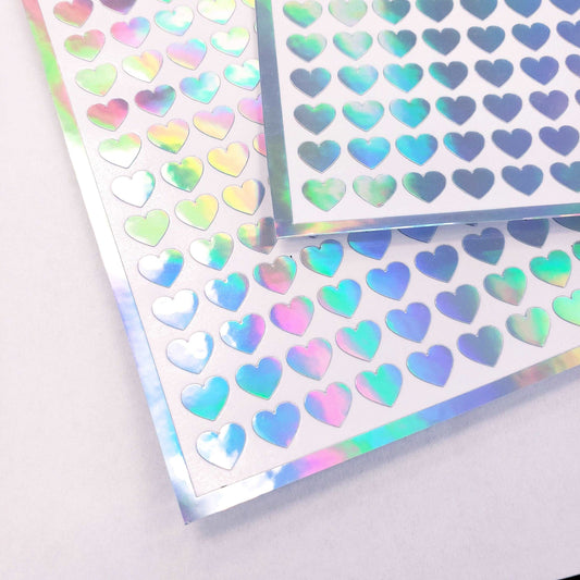 Small Holographic Silver Hearts Sticker Sheet, set of 285 pastel rainbow hearts for planners, charts, journals, envelopes and scrapbooks.