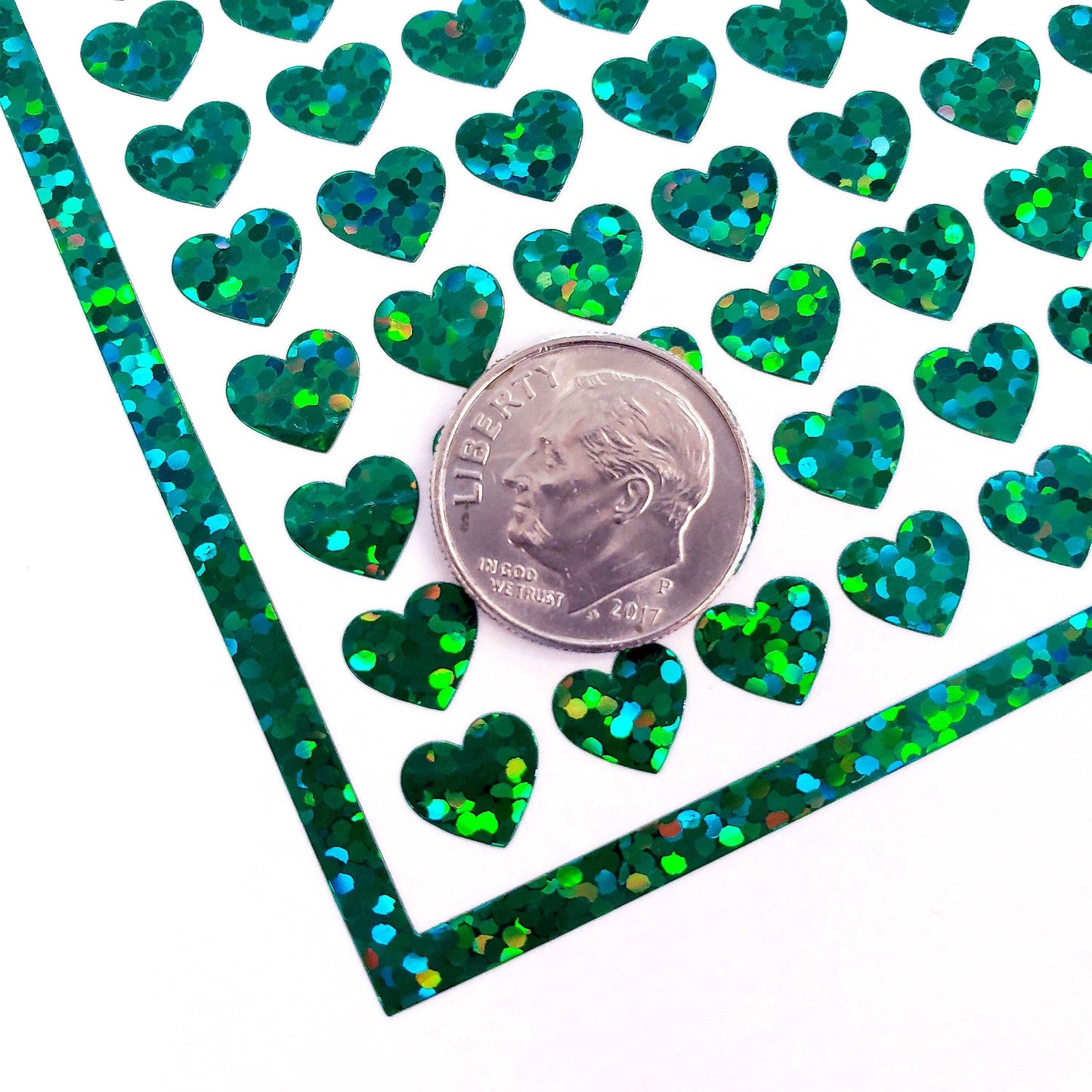 Small Green Hearts Sticker Sheet, set of 285 hearts.
