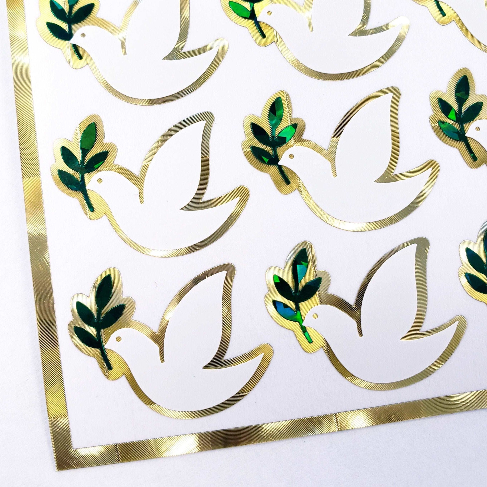 Peace Dove Stickers, set of 28 white and gold stickers for invitations, envelopes, memorial cards, planners, journals and crafts.