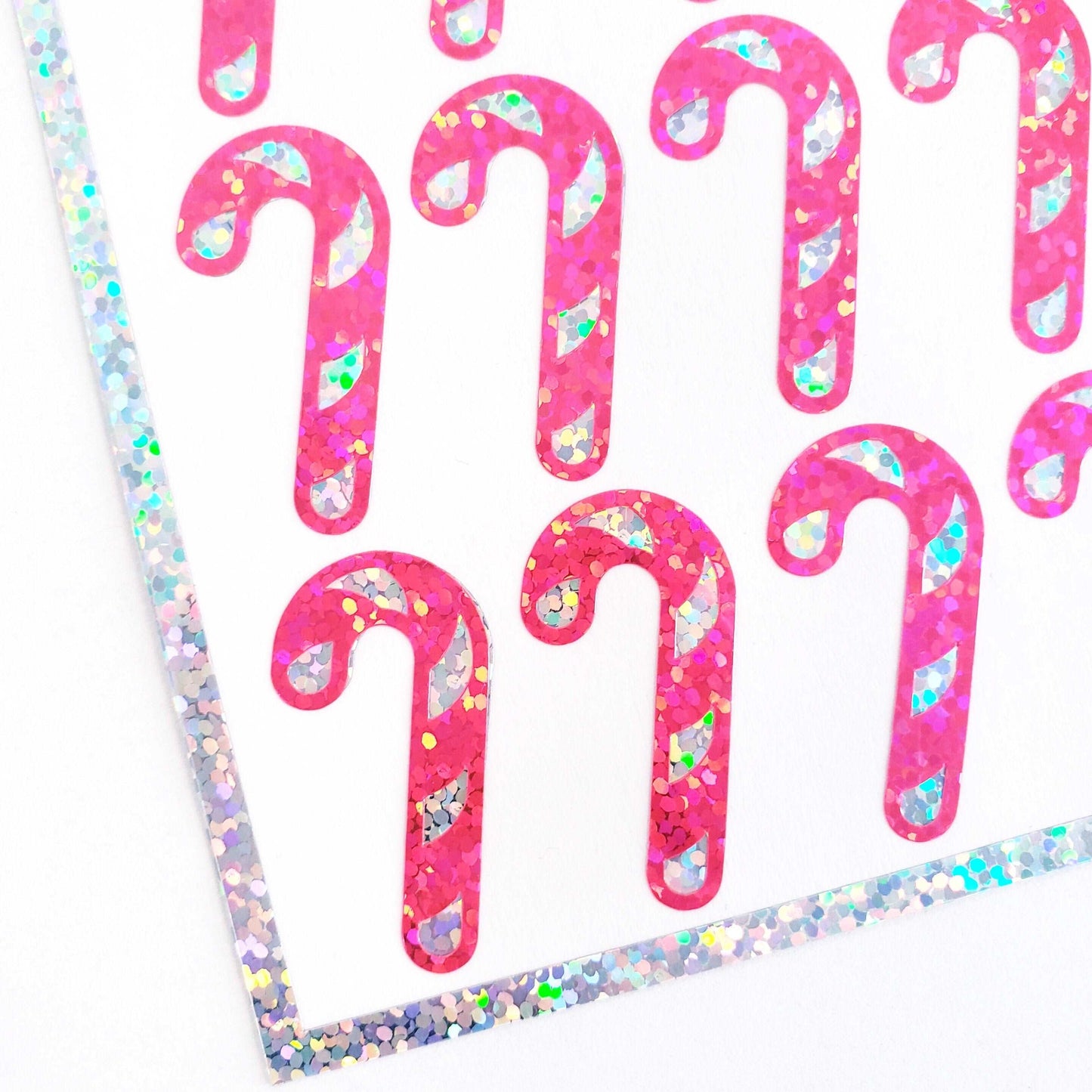 Pink Candy Cane Stickers, set of 30 sparkly Christmas peppermint stickers for holiday cards, ornaments, advent calendars and gift tags.