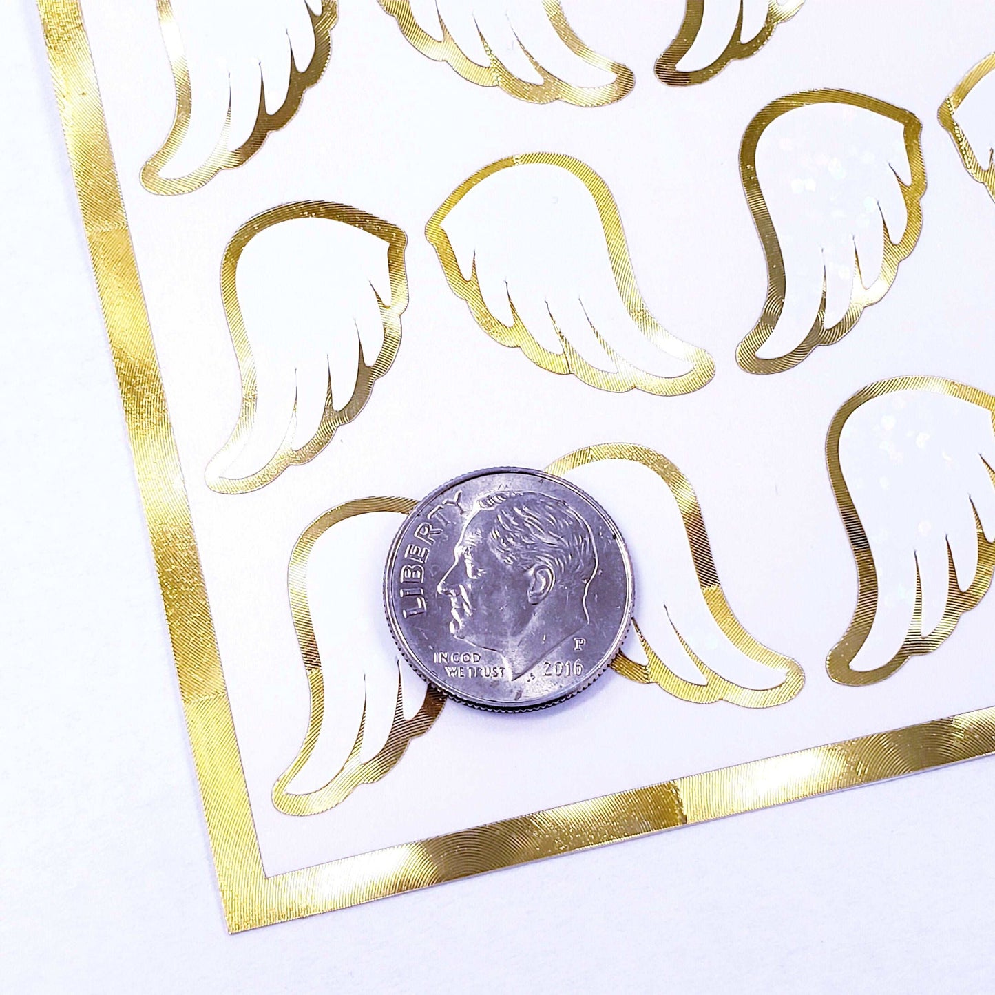 Gold Angel Wing Stickers, set of 42 white and gold wing stickers for invitations, envelopes, memorial cards, planners, journals and crafts.