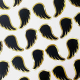 Black Angel Wing Stickers, set of 42 black and gold wing stickers for invitations, envelopes, memorial cards, planners, journals and crafts.