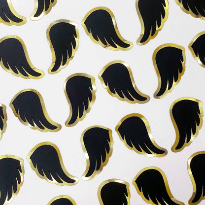 Black Angel Wing Stickers, set of 42 black and gold wing stickers for invitations, envelopes, memorial cards, planners, journals and crafts.