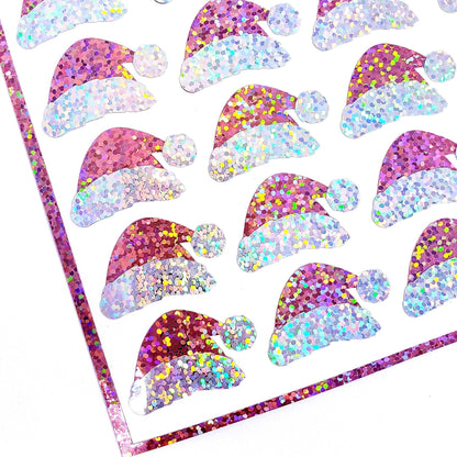 Mrs Claus Hats Stickers. Set of 25 Santa Hat decorative pink glitter vinyl decals for ornaments, crafts, envelopes and gift bags