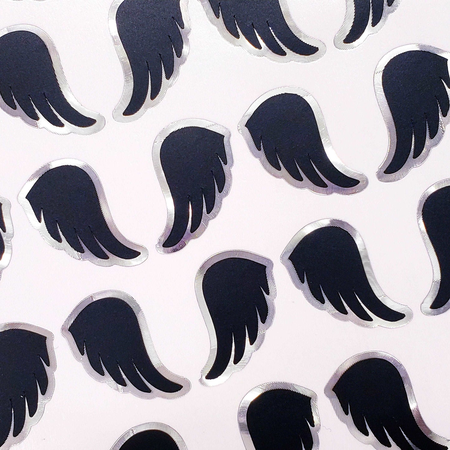 Black Angel Wing Stickers, set of 42 black and silver wing stickers for invitations, envelopes, notecards, planners, journals and crafts.