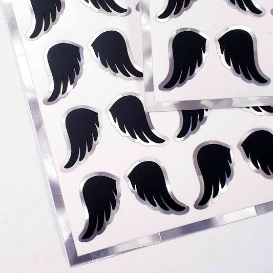 Black Angel Wing Stickers, set of 42 black and silver wing stickers for invitations, envelopes, notecards, planners, journals and crafts.