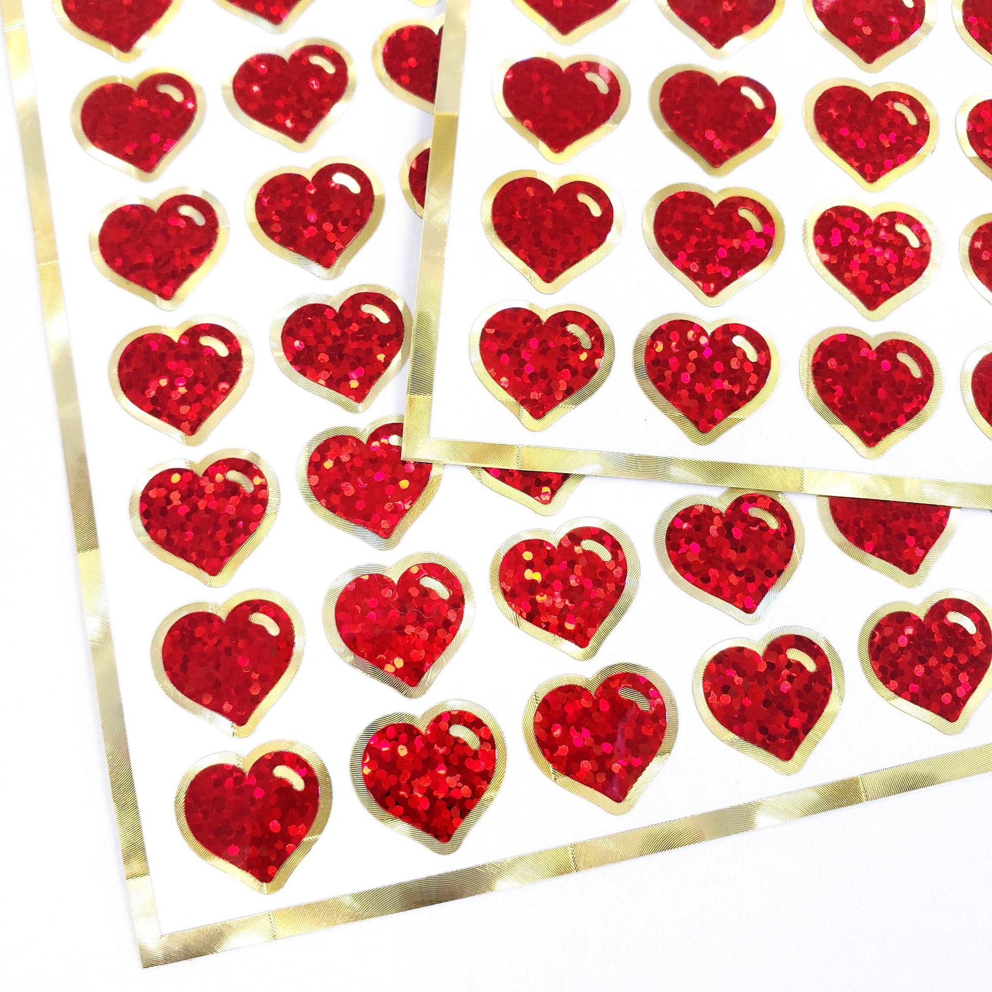 Red and Gold Hearts Sticker Sheet, set of 60 small red heart stickers for planners, charts, journals, love notes, envelopes and scrapbooks.