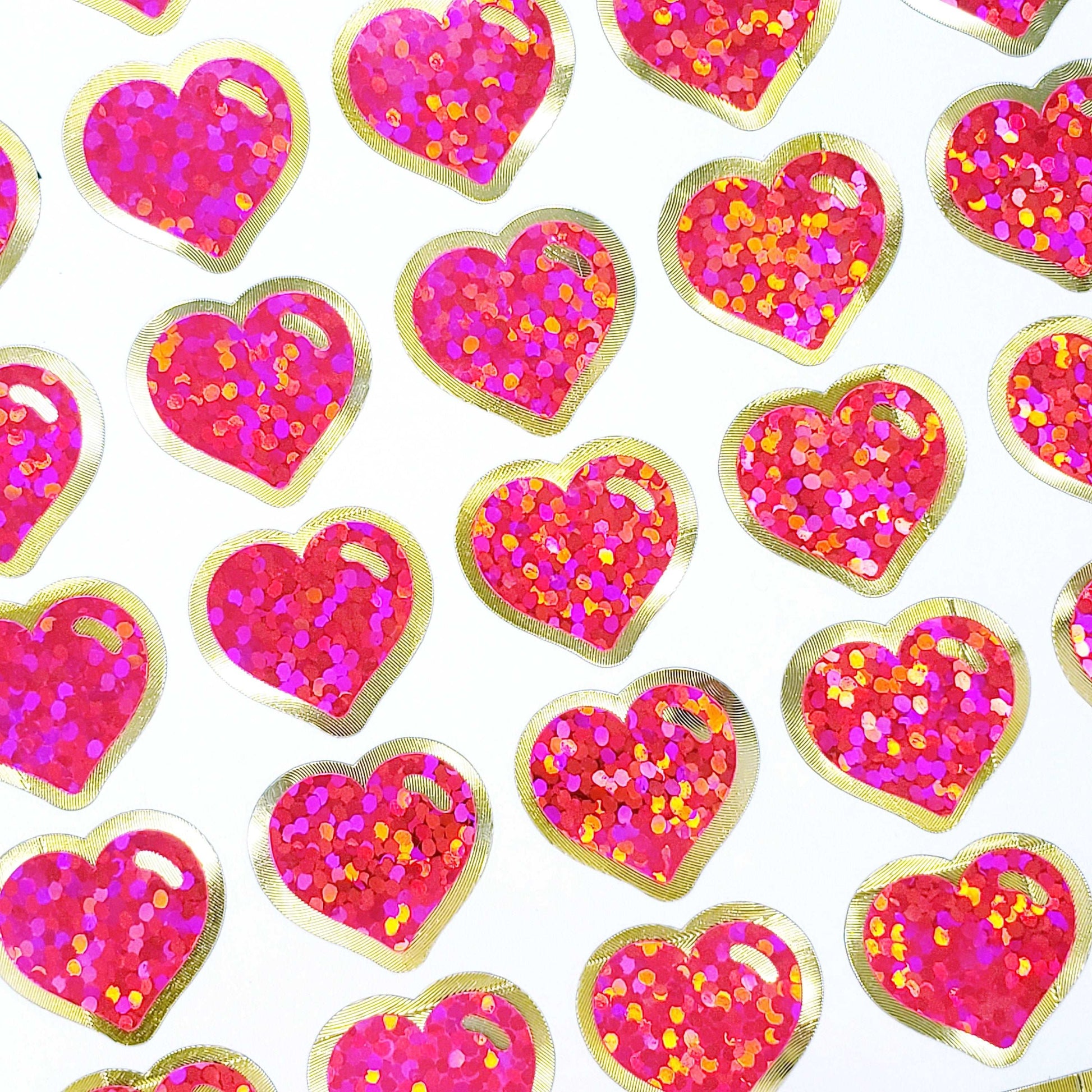 Pink and Gold Hearts Sticker Sheet, set of 60 tiny pink heart stickers for planners, charts, journals, love notes, envelopes and scrapbooks.