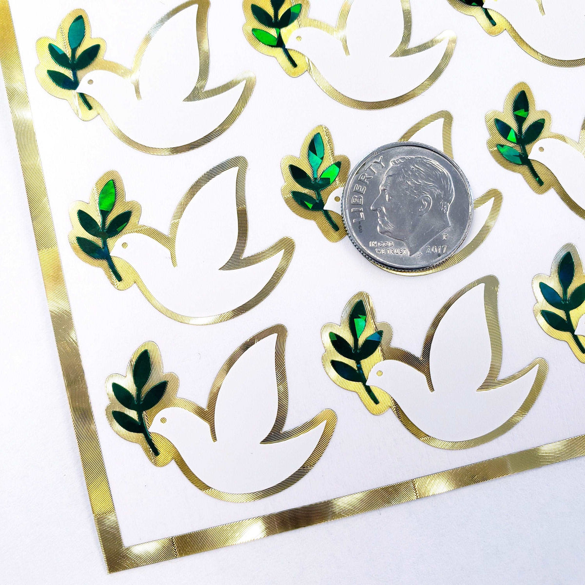 Peace Dove Stickers, set of 28 white and gold stickers for invitations, envelopes, memorial cards, planners, journals and crafts.