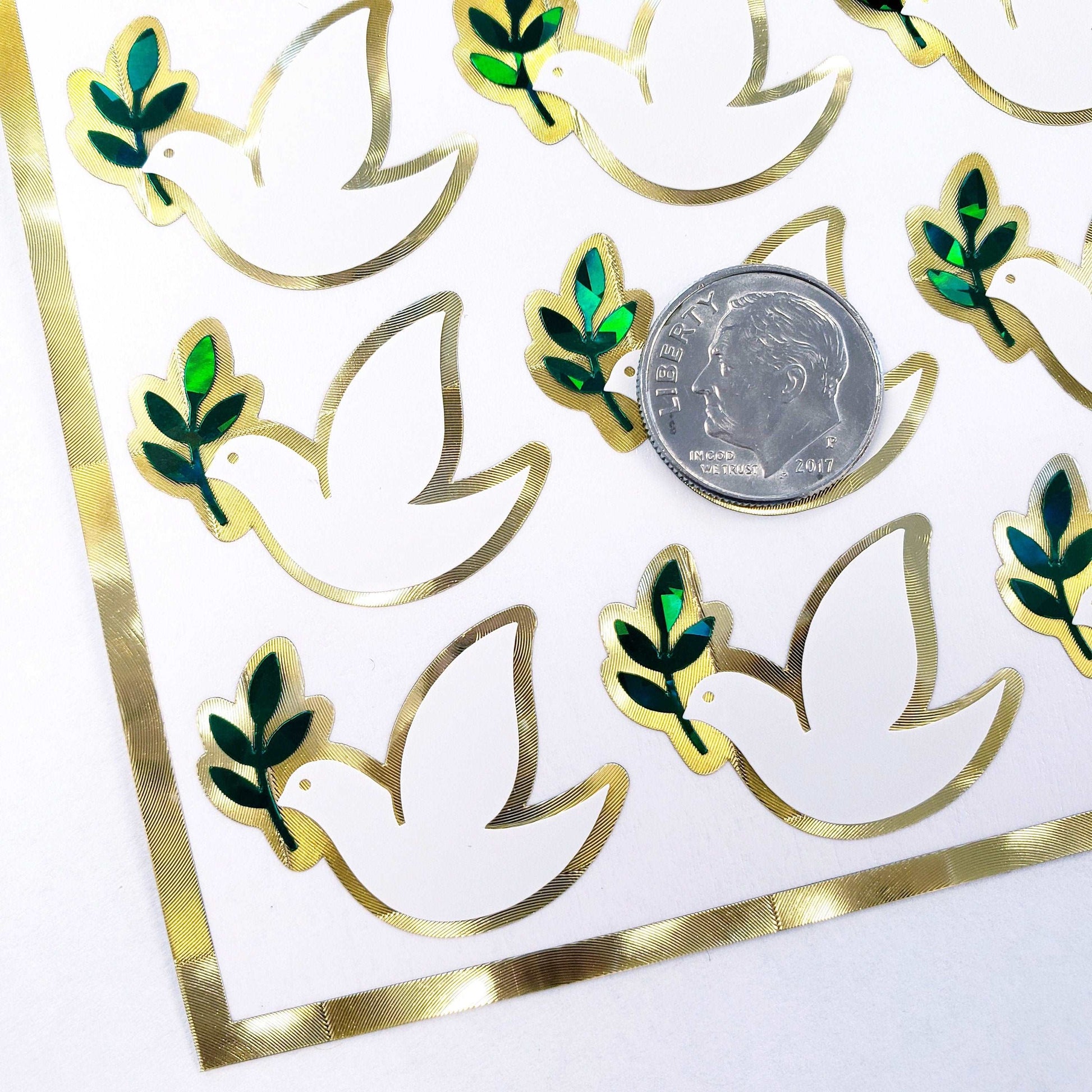 Peace Dove Stickers, set of 28 white and gold stickers for invitations, envelopes, memorial cards, planners, journals and crafts.