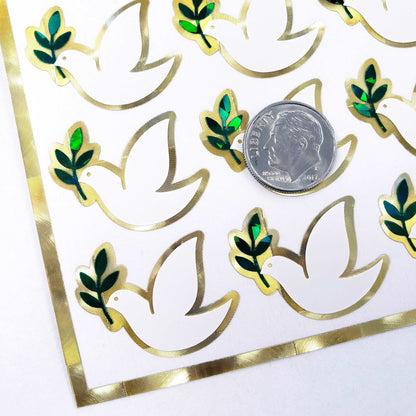 Peace Dove Stickers, set of 28 white and gold stickers for invitations, envelopes, memorial cards, planners, journals and crafts.