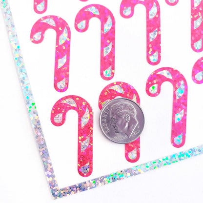 Pink Candy Cane Stickers, set of 30 sparkly Christmas peppermint stickers for holiday cards, ornaments, advent calendars and gift tags.