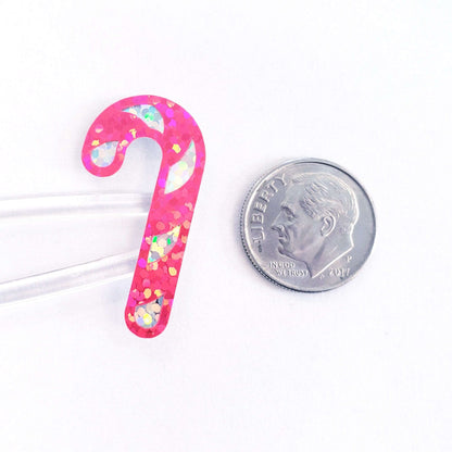 Pink Candy Cane Stickers, set of 30 sparkly Christmas peppermint stickers for holiday cards, ornaments, advent calendars and gift tags.