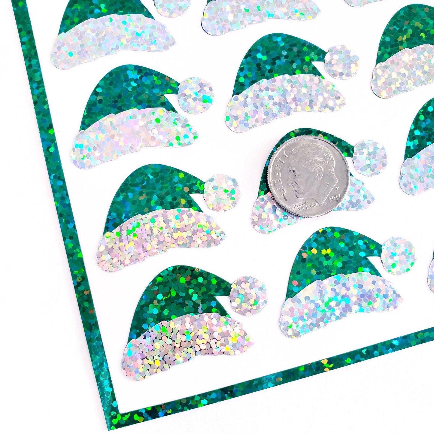 Elf Hats Stickers. Set of 25 Santa's Helper Hat, decorative green glitter vinyl stickers for advent calendars, holiday cards and envelopes.