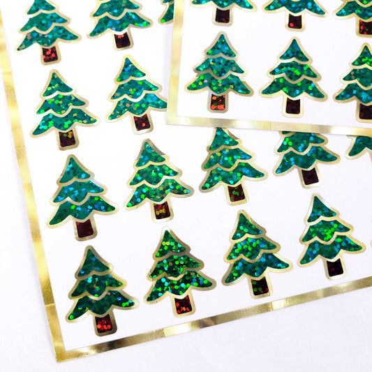 Tree Stickers, set of 30 green, brown and gold woodland pine tree stickers for holiday cards, invitations, envelopes and advent calendars.