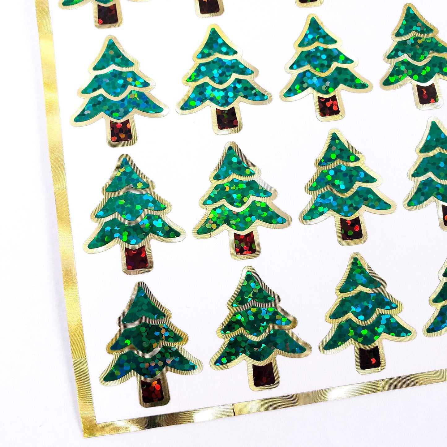 Tree Stickers, set of 30 green, brown and gold woodland pine tree stickers for holiday cards, invitations, envelopes and advent calendars.