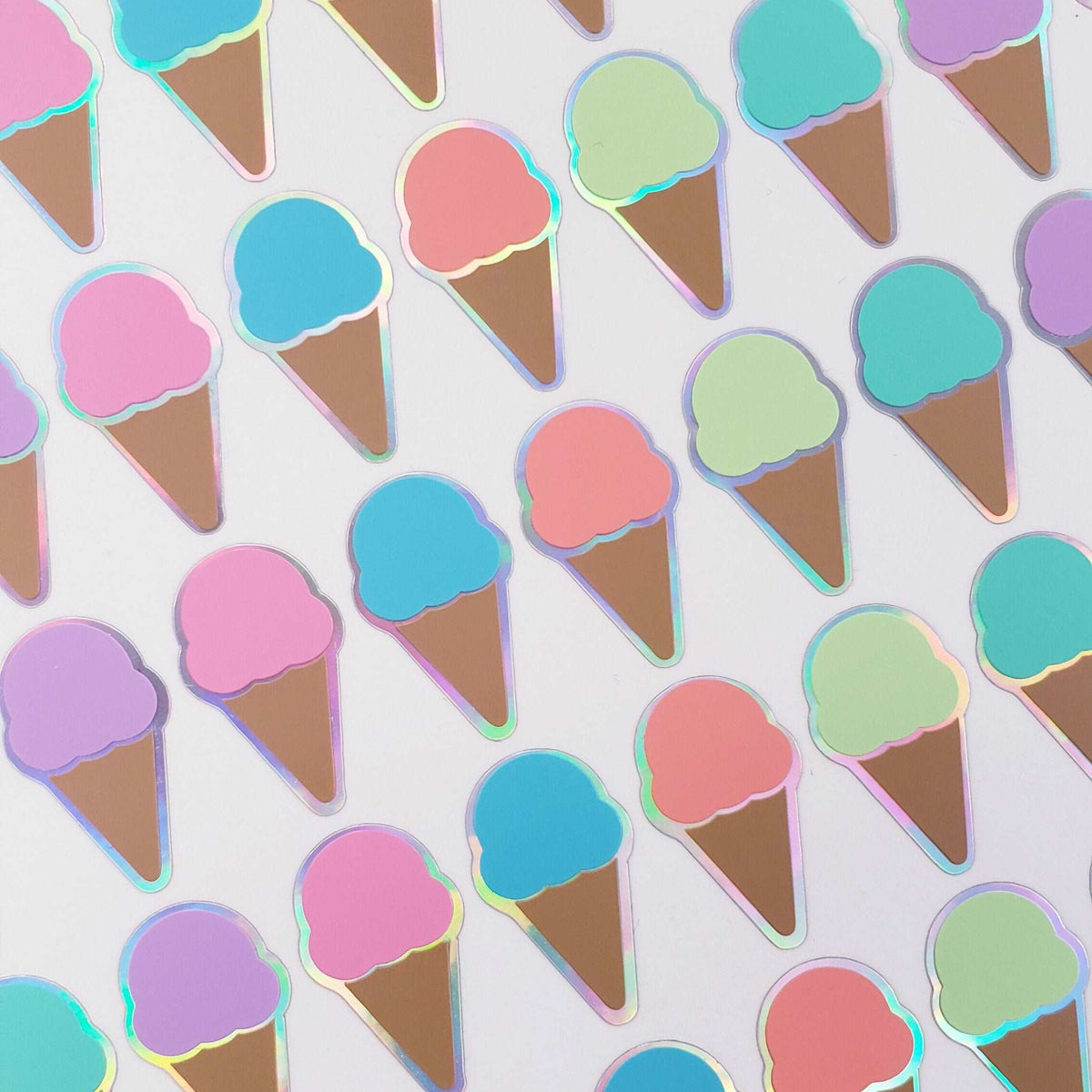 Ice Cream Cones Sticker Sheet, Set of 60 Rainbow Pastel Vinyl Decals for Party Invitations, Envelopes, and Planners.