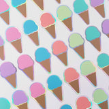 Ice Cream Cones Sticker Sheet, Set of 60 Rainbow Pastel Vinyl Decals for Party Invitations, Envelopes, and Planners.