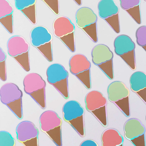 Ice Cream Cones Sticker Sheet, Set of 60 Rainbow Pastel Vinyl Decals for Party Invitations, Envelopes, and Planners.